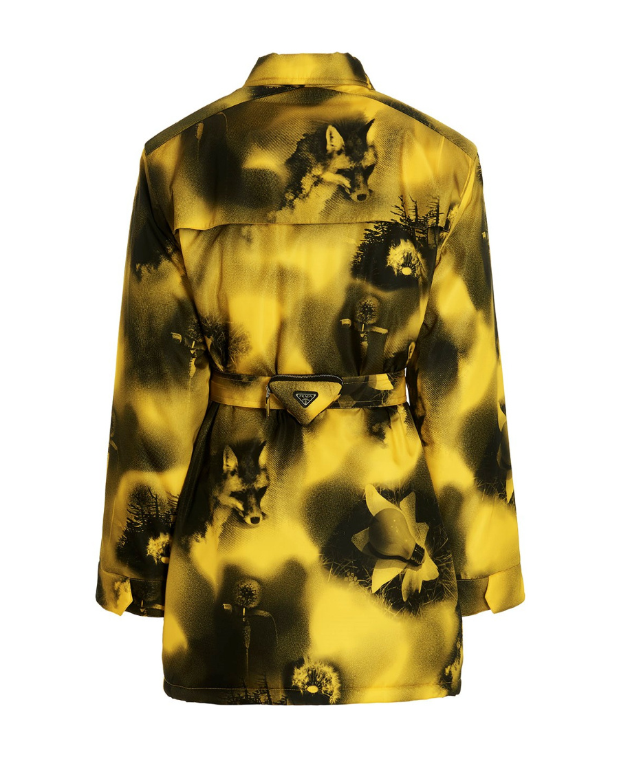 Prada Belted Nylon Parka With Collared Neck In Yellow