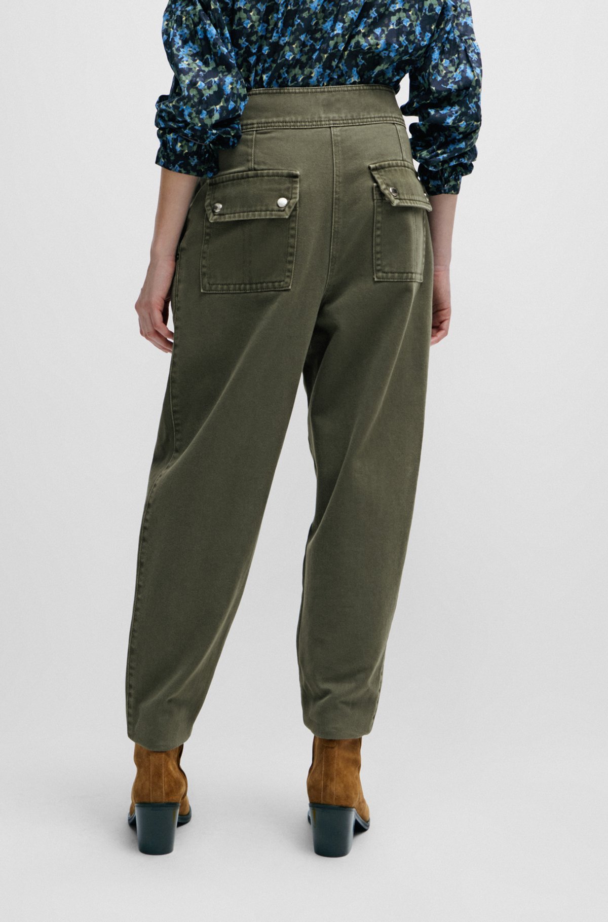 Hugo Boss Pleated Tapered Cotton Trousers In Green