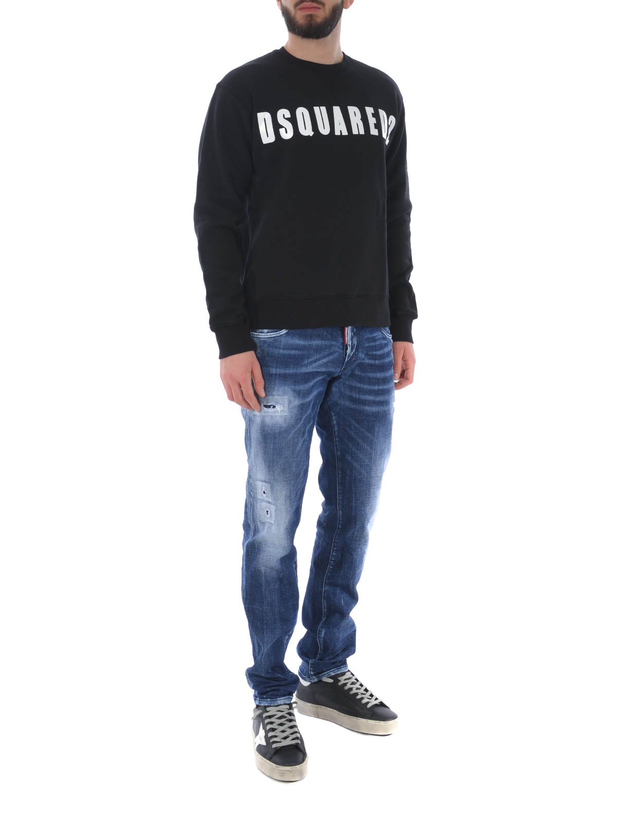 Dsquared2 Cotton Crewneck Sweater With Ribbed Hem In Black
