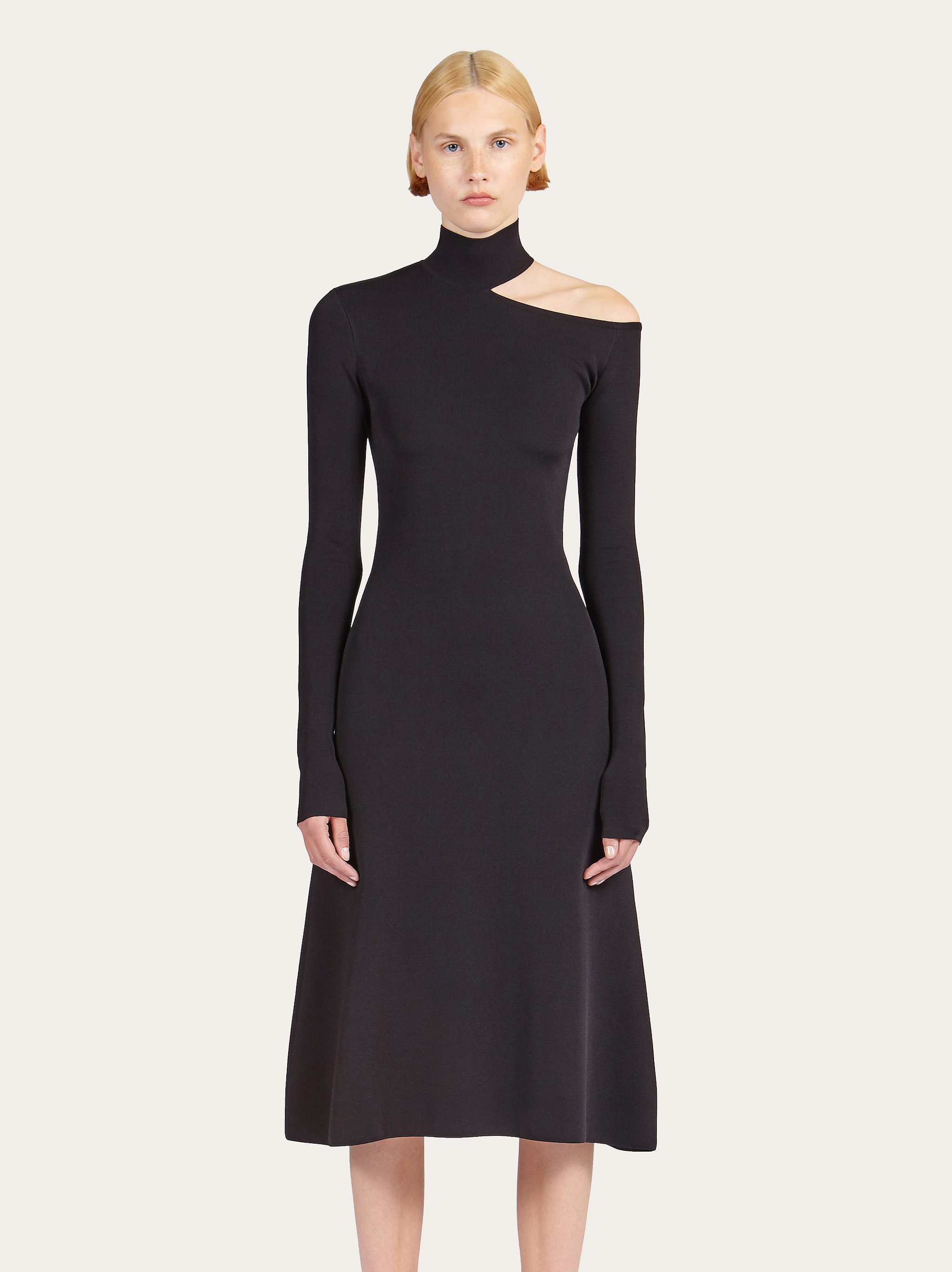 Ferragamo Turtleneck Cold-shoulder Long-sleeve Midi Sweater Dress In Black