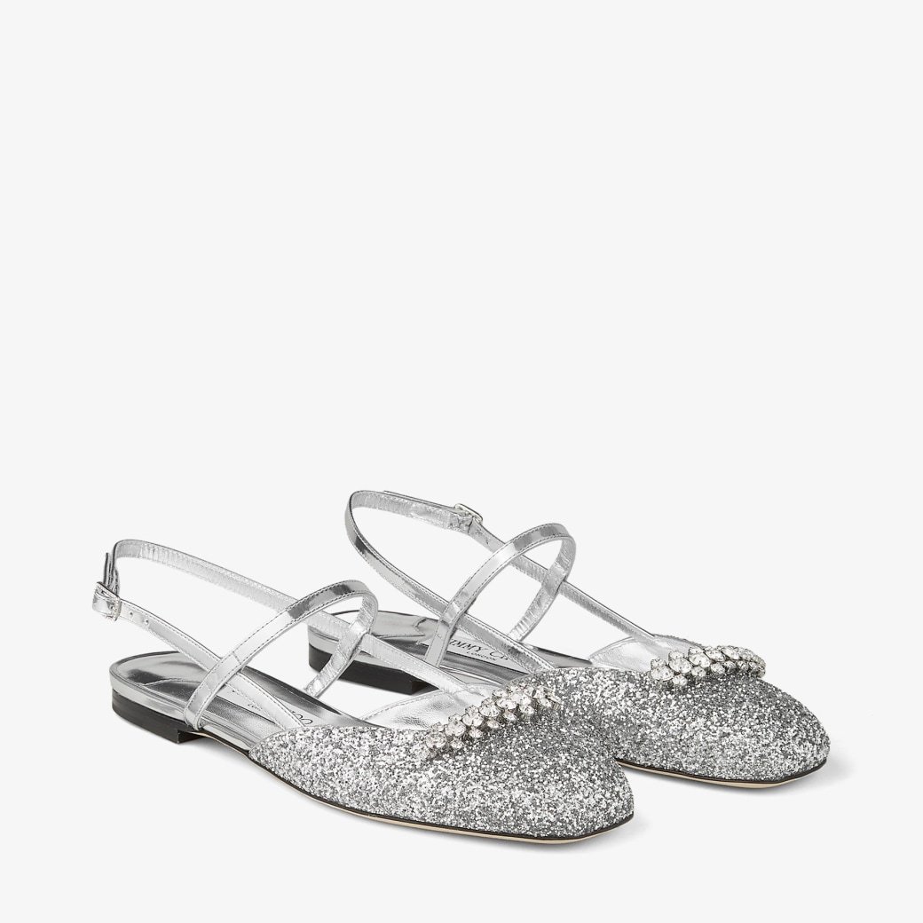 Jimmy Choo Glitter Pointed Toe Sandals With Embellished Detail In Silver