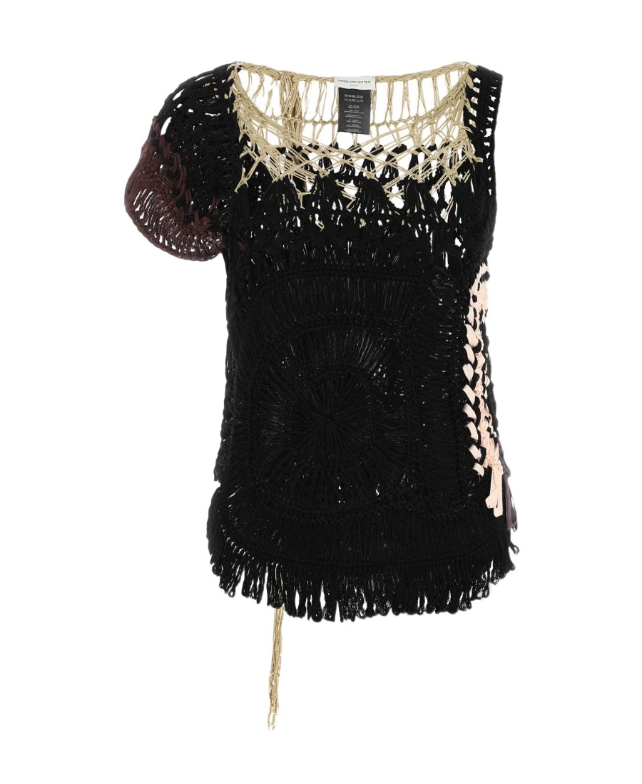Dries Van Noten Fringed Crochet Knit Top In Black