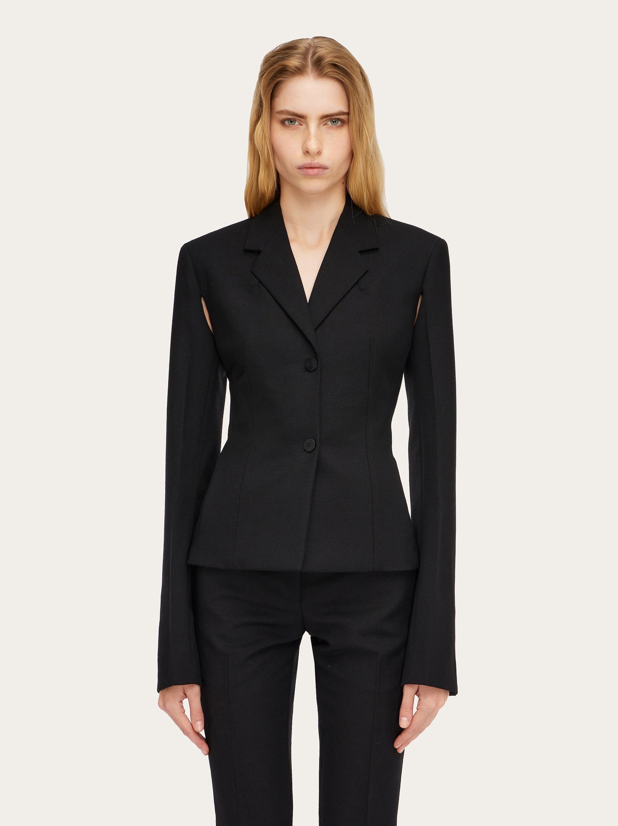 Ferragamo Wool Blazer Jacket With Cape Sleeves In Black
