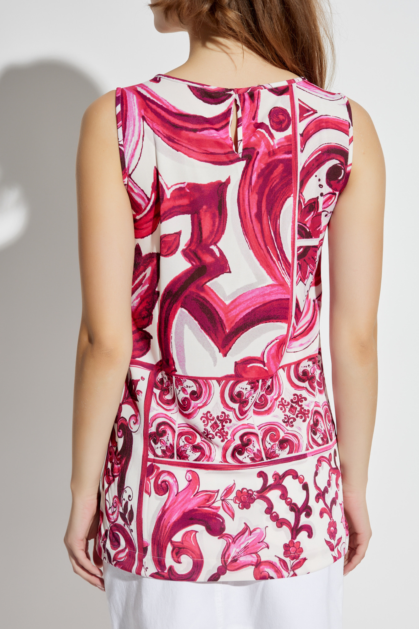 Dolce & Gabbana Majolica Print Sleeveless Silk Top In Pink