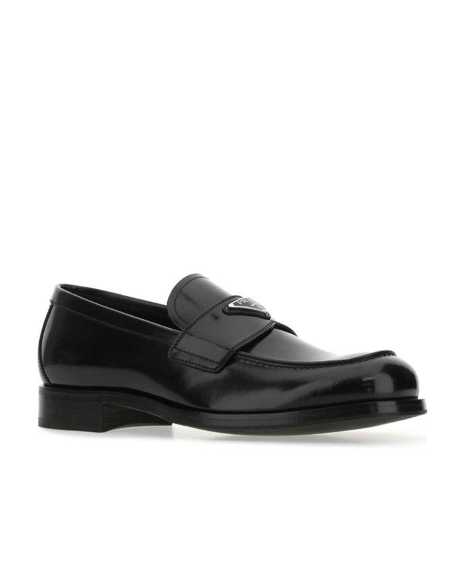 Prada Classic Round Toe Leather Loafers With Low Block Heel In Black