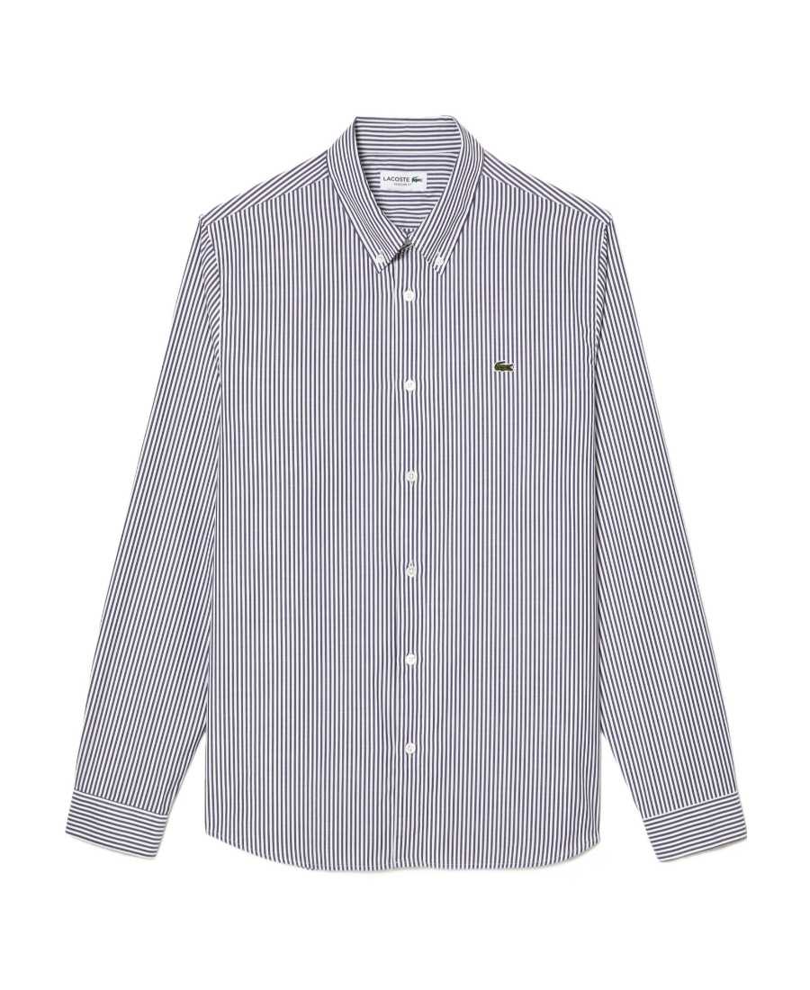 Lacoste Logo-patch Striped Cotton Shirt In Gray