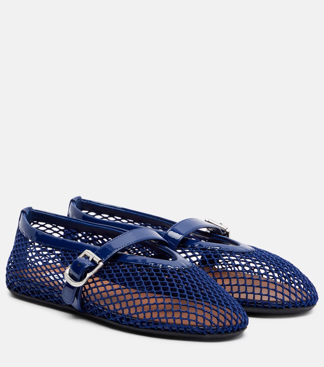 Alaïa Patent Leather-trimmed Fishnet Ballet Flats In Blue