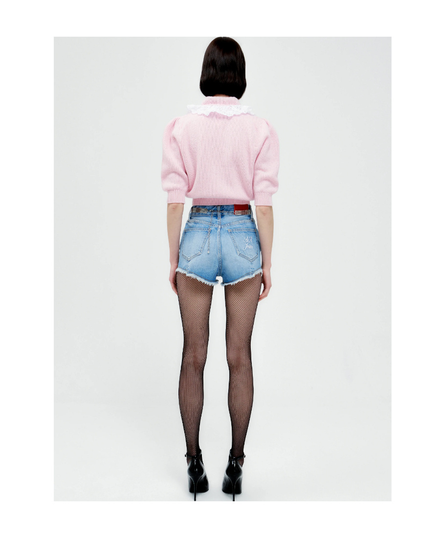 Alessandra Rich Embroidered Logo Denim Shorts In Blue