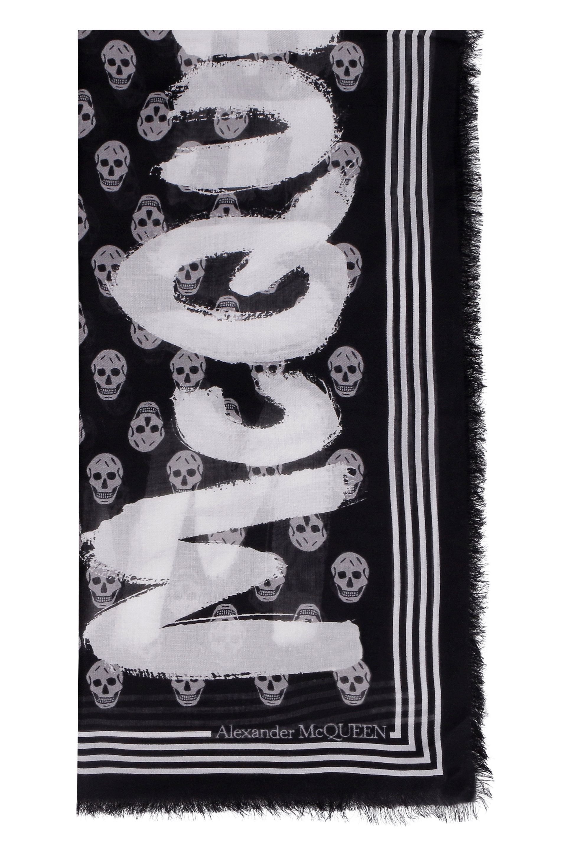 Alexander Mcqueen Shawl With Skull Pattern And Striped Border In Black