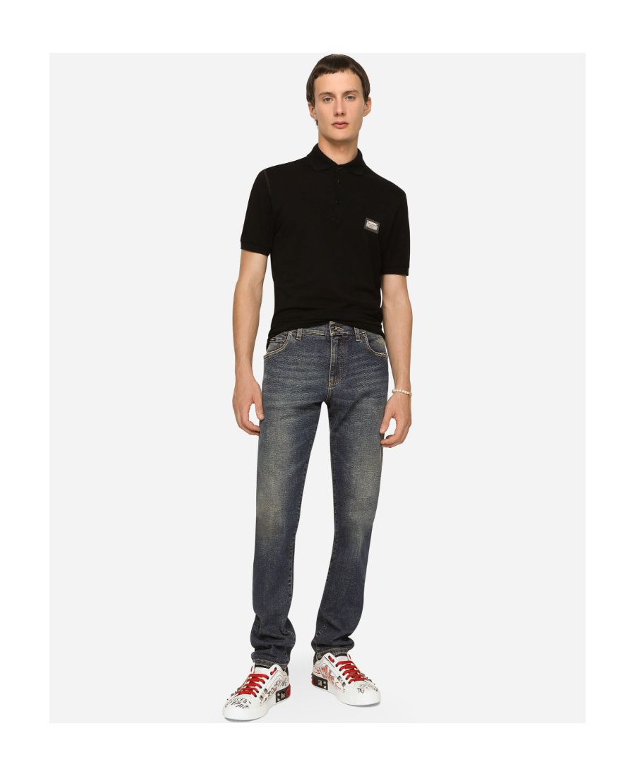 Dolce & Gabbana Dark Gray Logo Plaque Cotton Men Polo Shirt T-shirt In Black