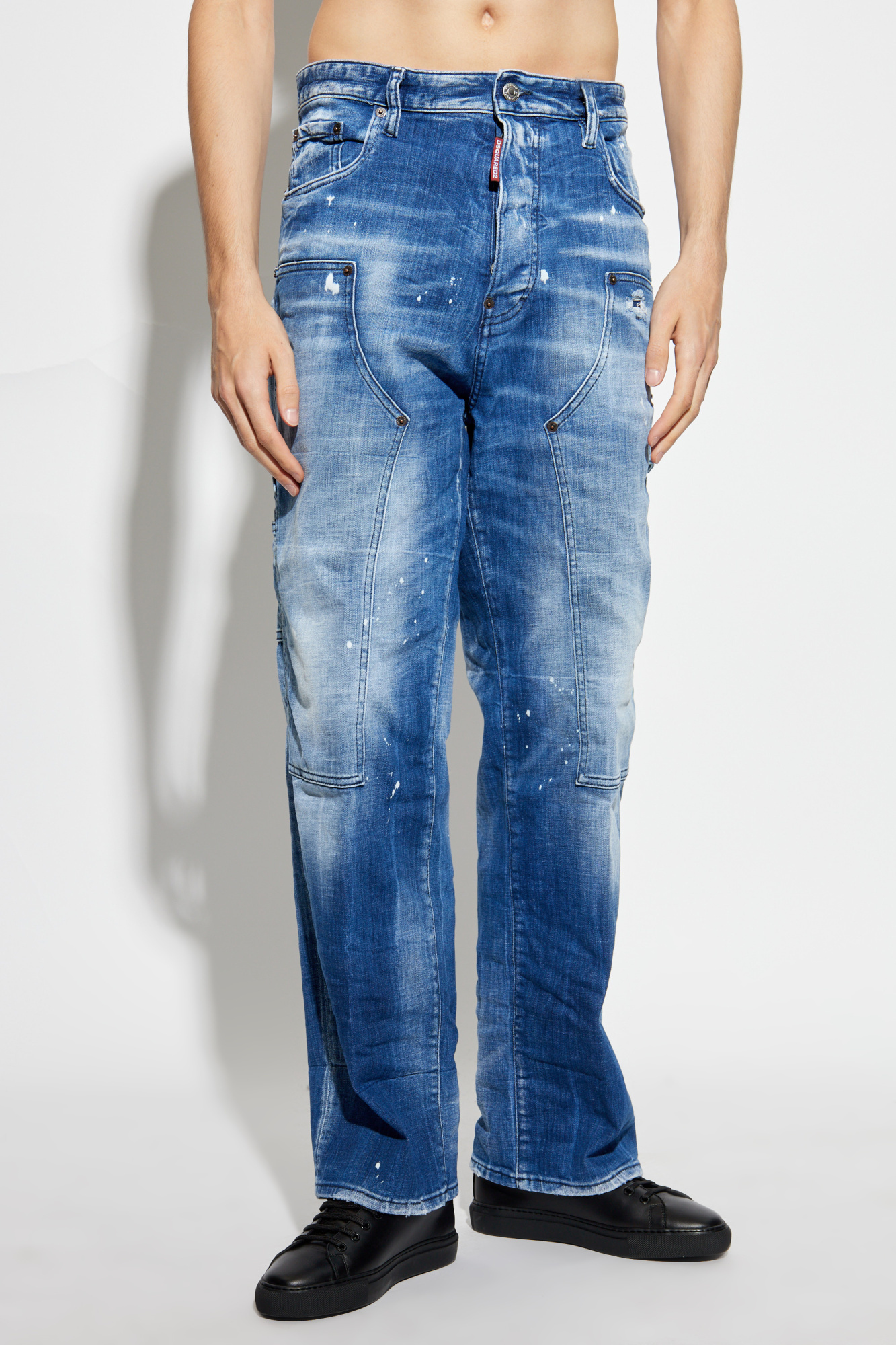 Dsquared2 Mens Navy Blue Carpenter Paint-splatter Relaxed-fit Tapered Stretch-denim Jeans In Blue