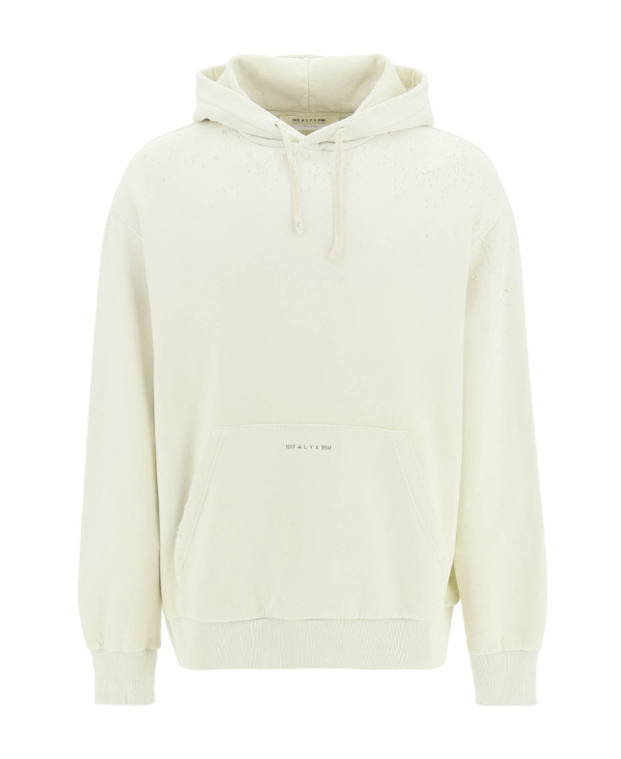 Alyx Distressed Cotton Hoodie With Pouch Pocket In White