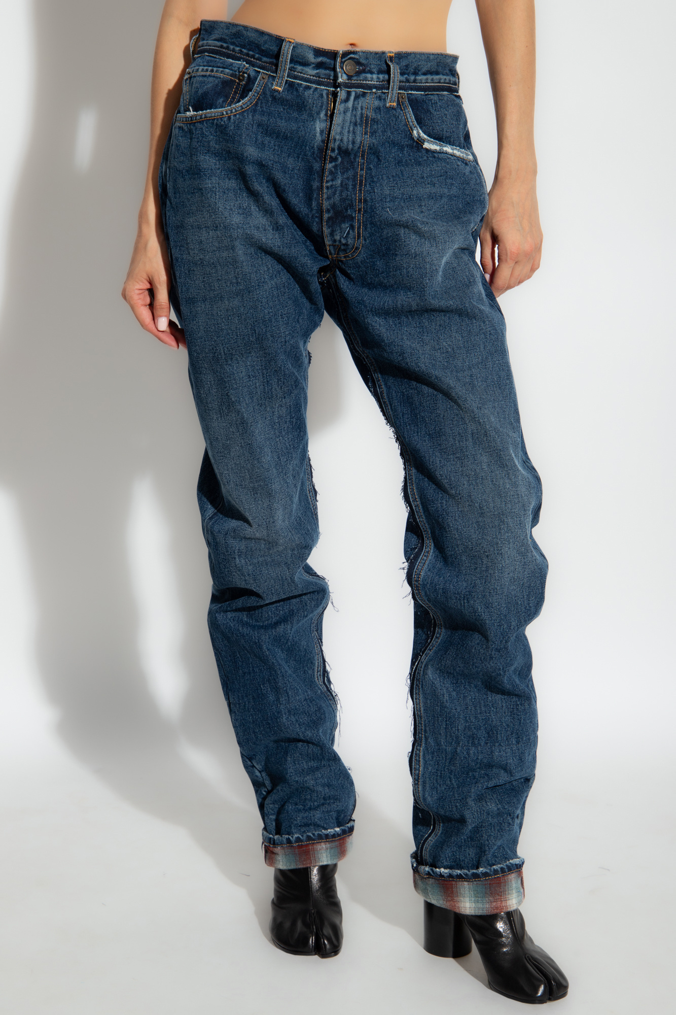 Maison Margiela Logo-patch Ripped-detailing Wide-leg Jeans In Blue