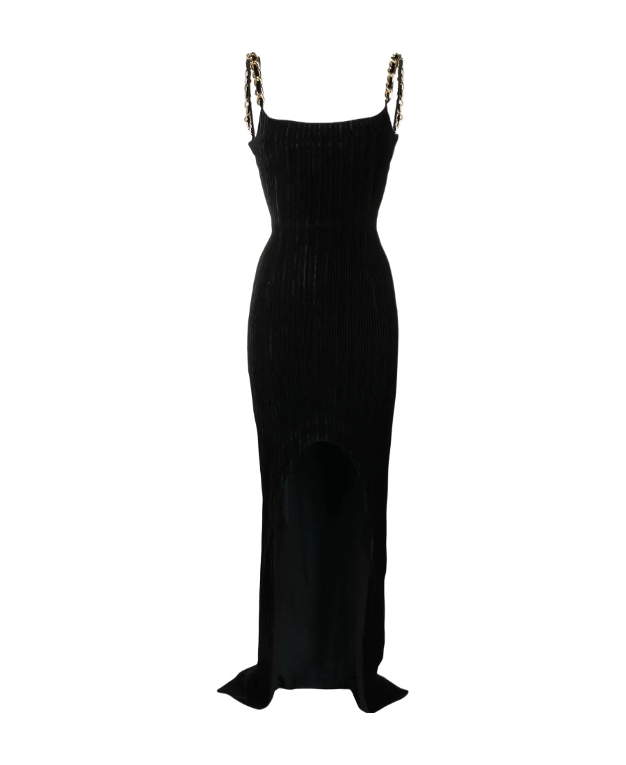 Shop Balmain Striped Velvet Long Dress In Black