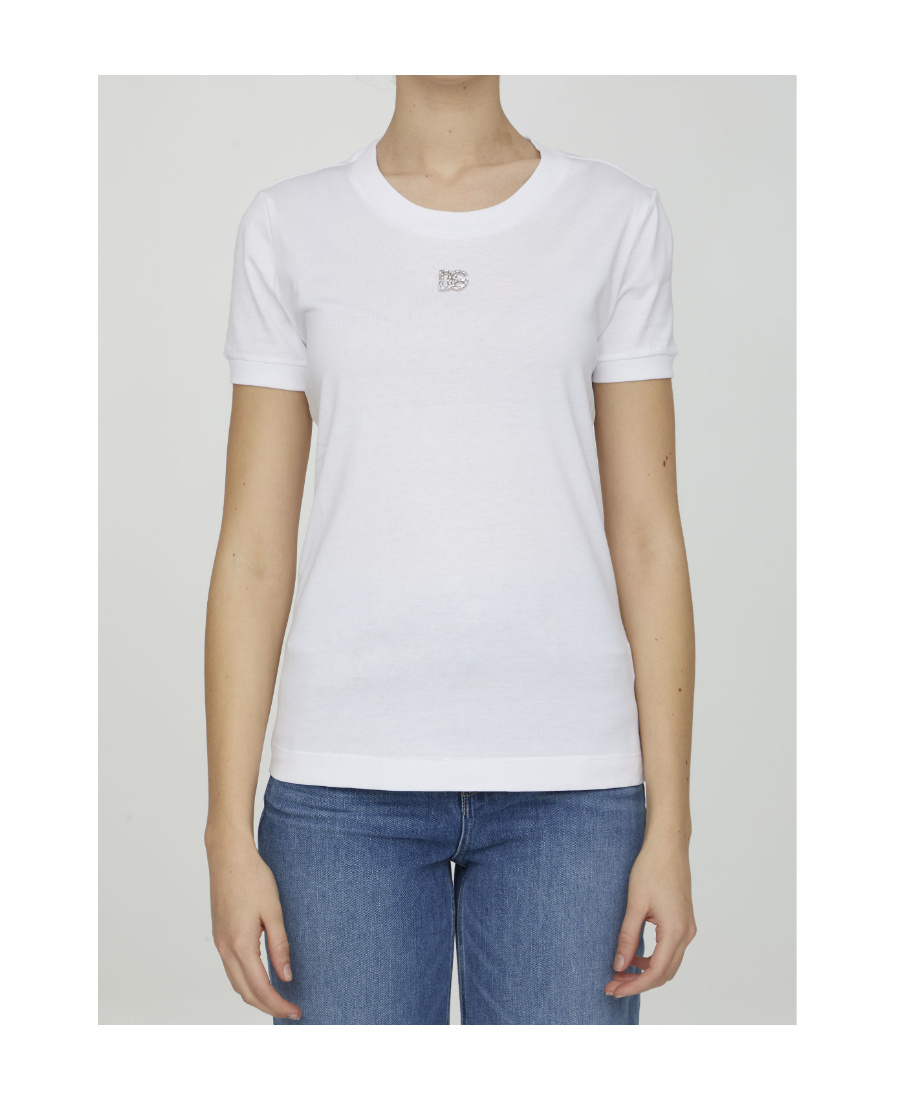 Dolce & Gabbana White T-shirt With Dg Logo On The Front Finished With Rhinestones In Cotton Woman In White