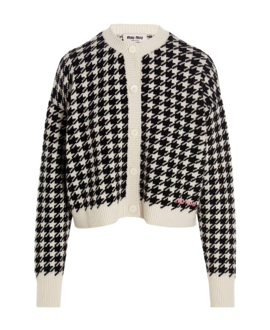 Miu Miu Houndstooth-knit Cashmere Cardigan In Black