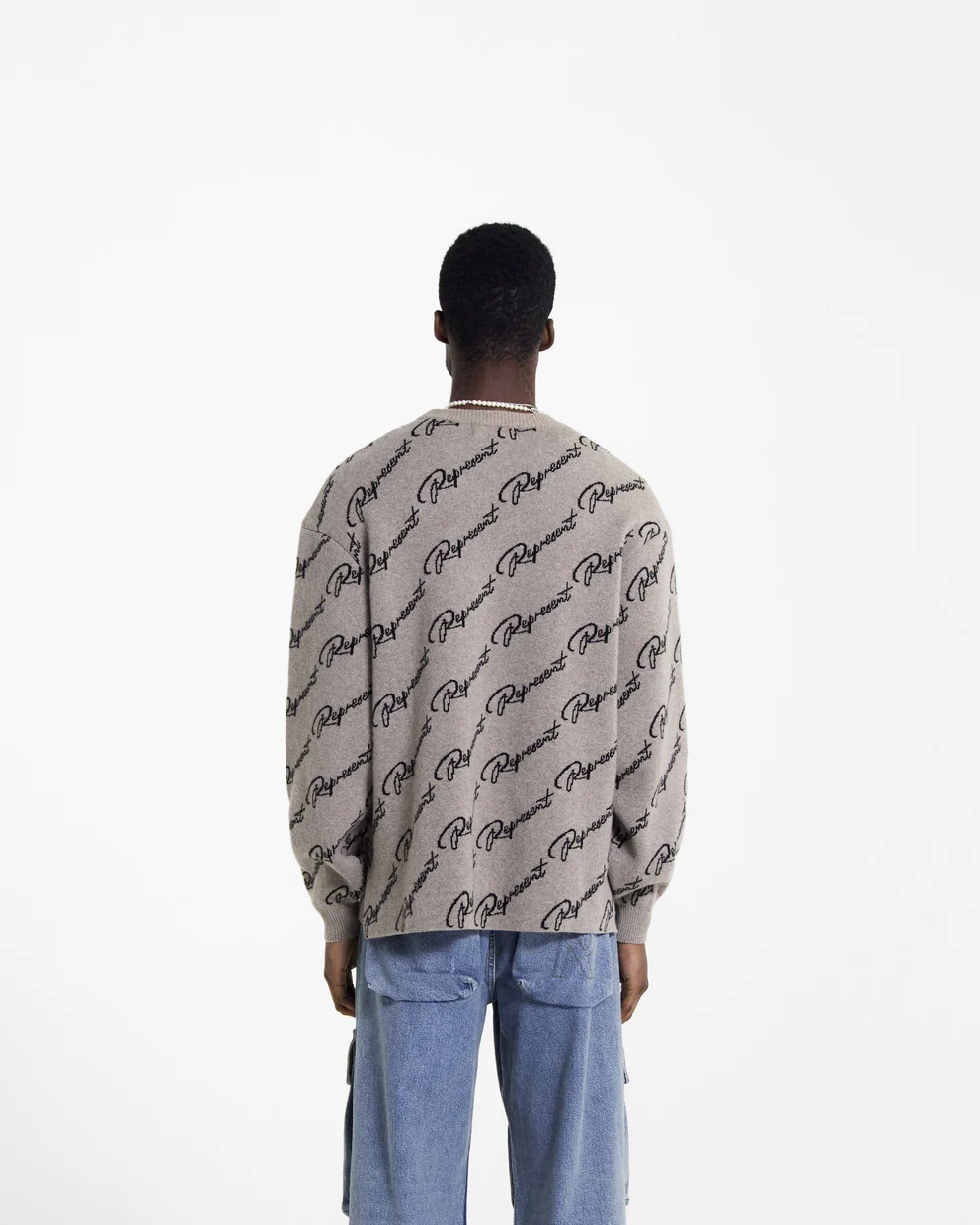 Represent Long-sleeved Jacquard Sweater With Round Neck In Gray