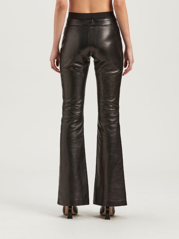 Shop Palm Angels Mid-rise Leather Flared Trousers In Black