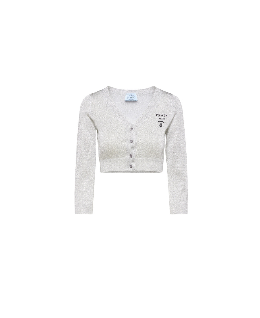 Prada Intarsia Logo-knit Cropped Lurex Cardigan In Gray