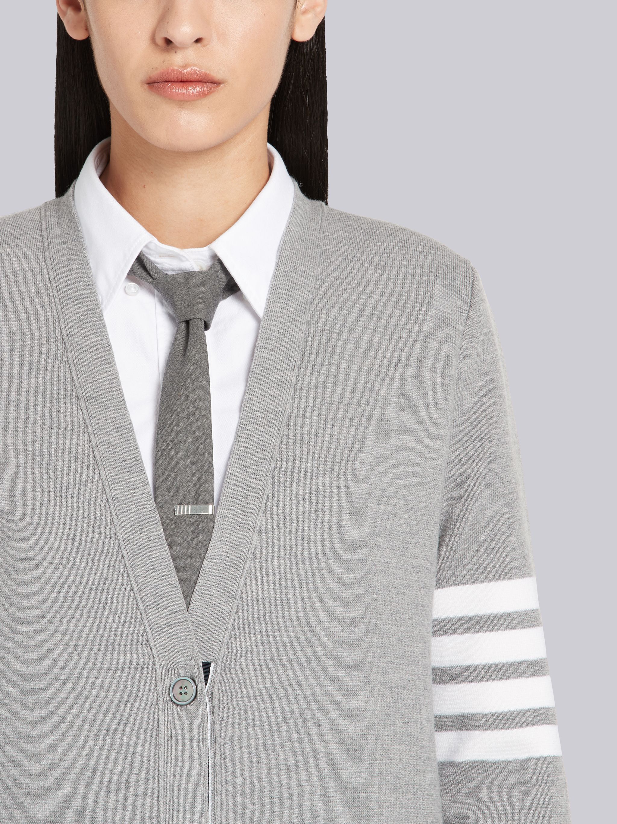 Thom Browne Virgn Wool Cardigan Dress With Sporty Stripe Detail In Gray