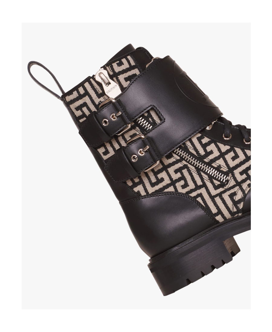 Balmain Bicolor Smooth And Monogram Jacquard Phil Ranger Ankle Boots In Black