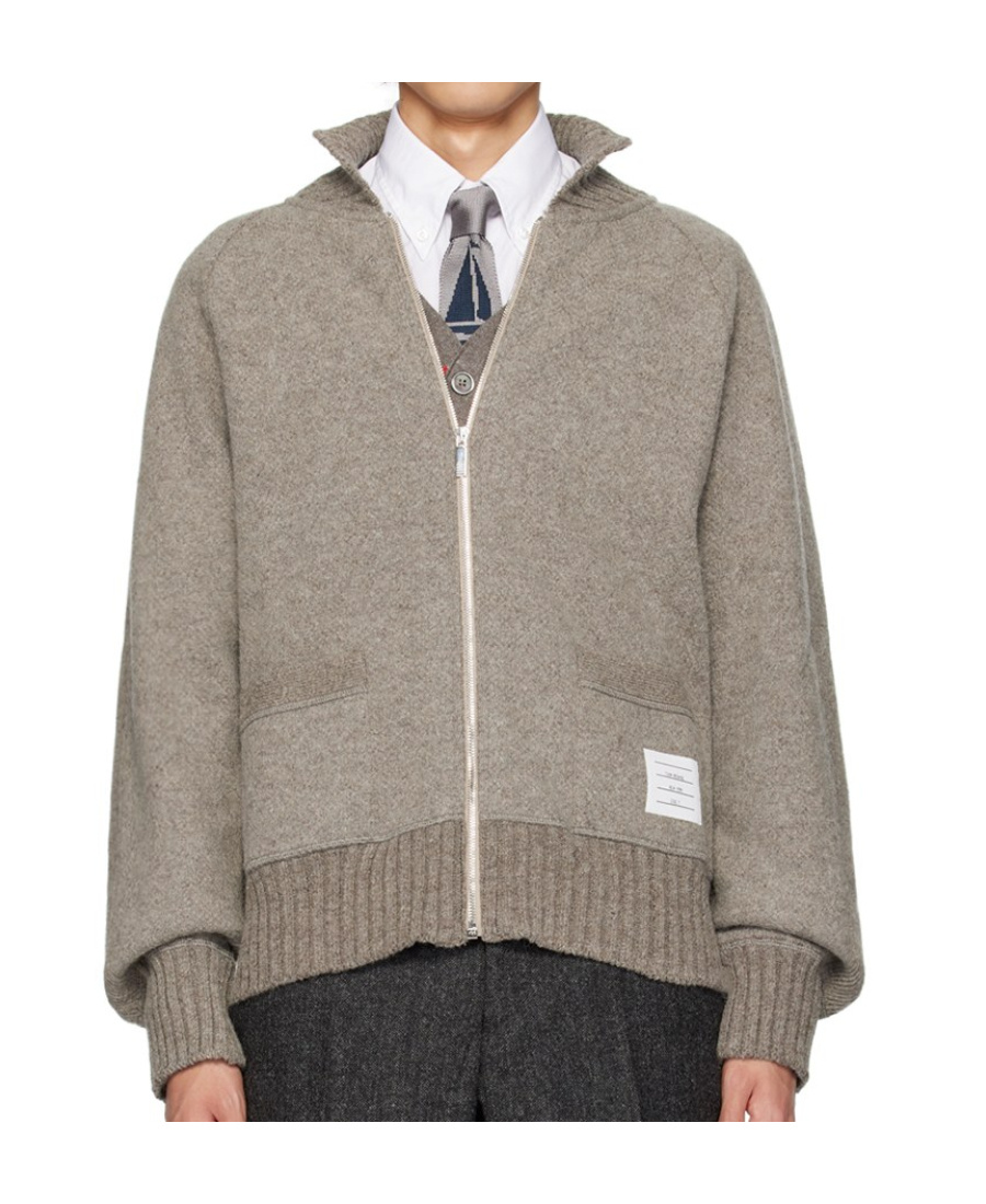 Thom Browne Logo-patch Detail Knit Cardigan In Nude