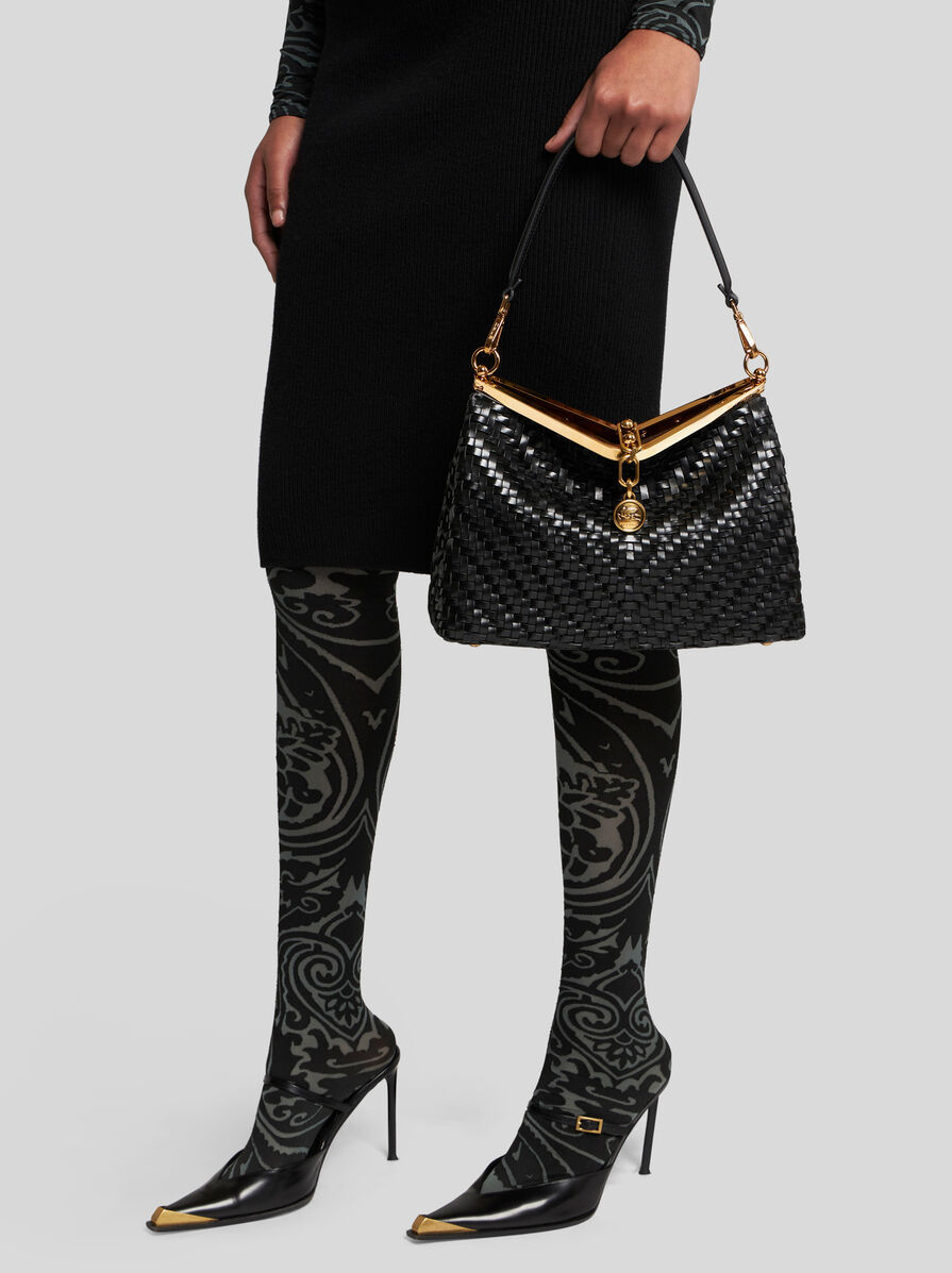 Etro Small Woven Vela Shoulder Bag In Black