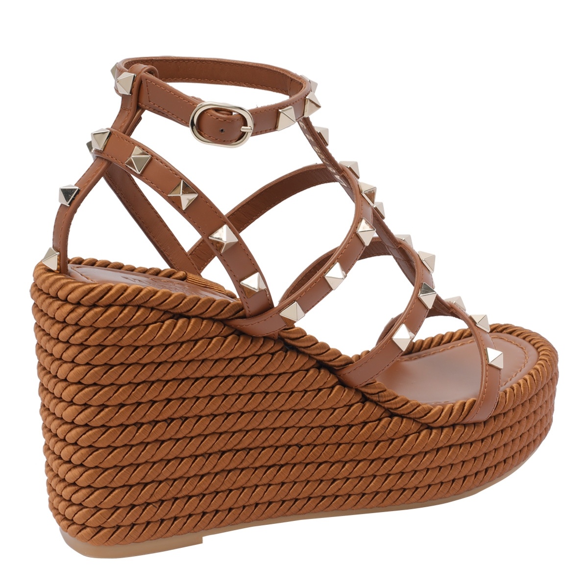 Valentino Rockstud Torchon 105 Leather Espadrille Wedge Sandals In Brown