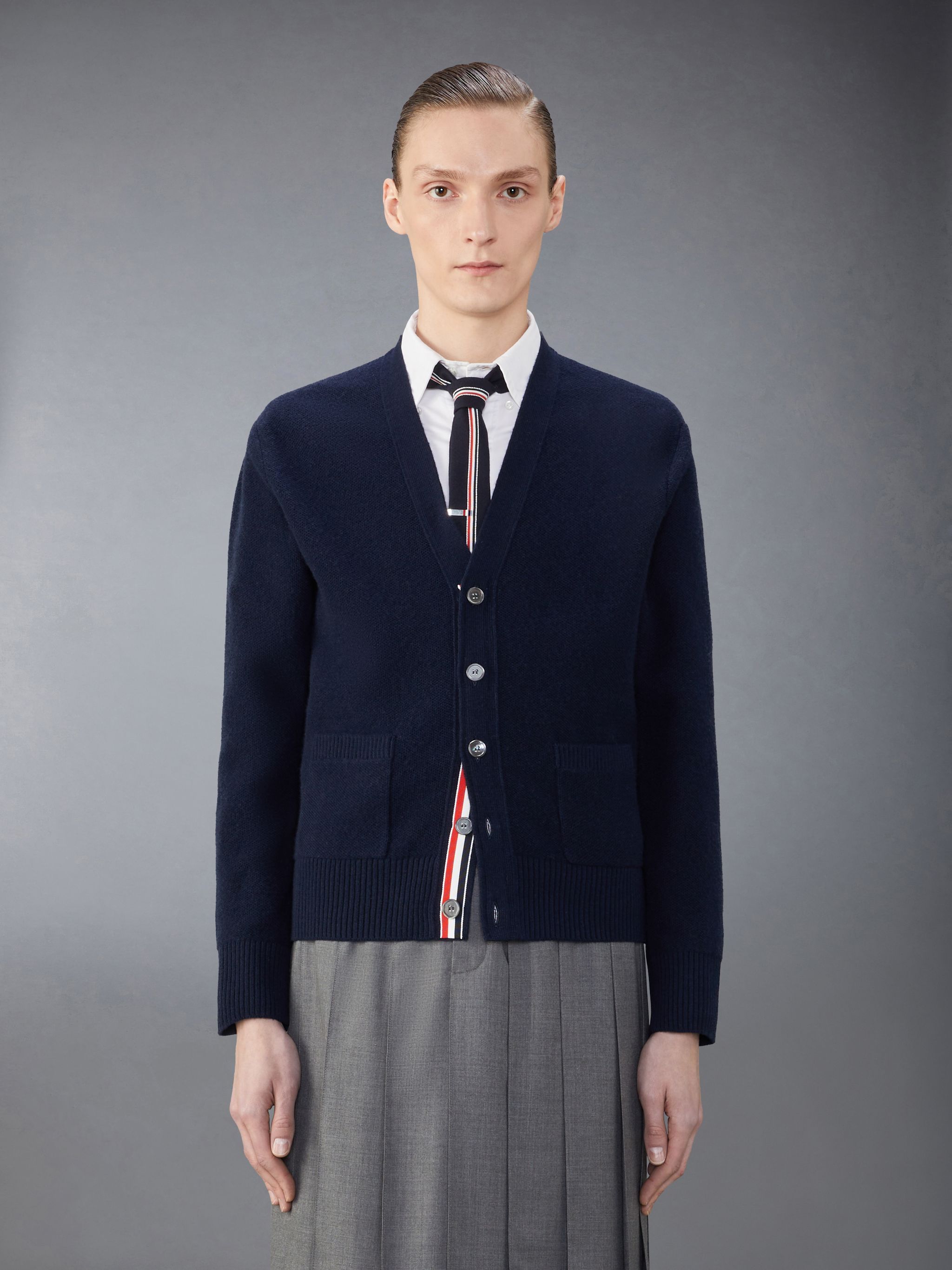 Thom Browne Navy Blue Wool Cardigan With Tricolour Insert Men In Black
