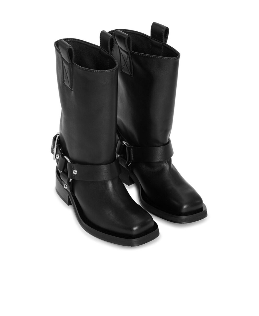 Ganni Mid Calf Recycled Leather Biker Boots In Black