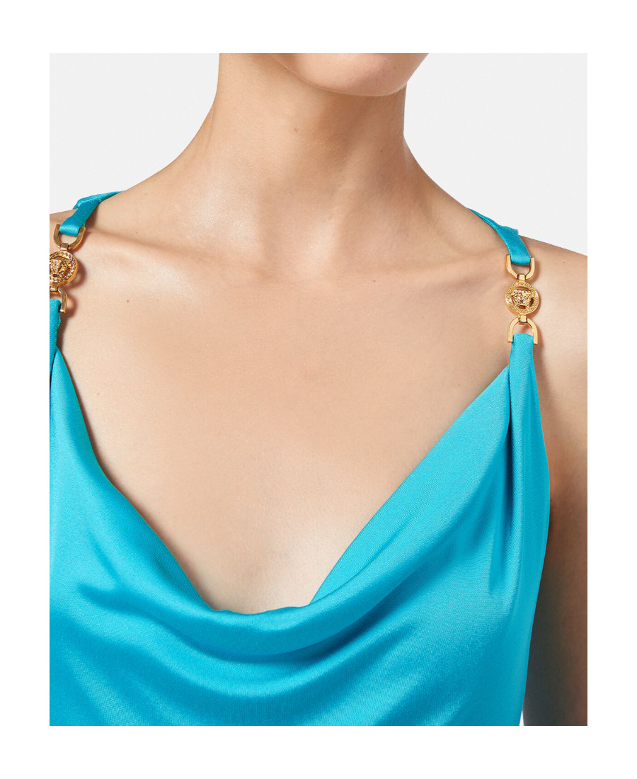 Versace Embellished Draped Metallic Jersey Dress In Blue