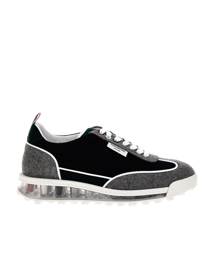 Thom Browne Navy Grey Wool Tech Runner Low Top Sneakers In Black