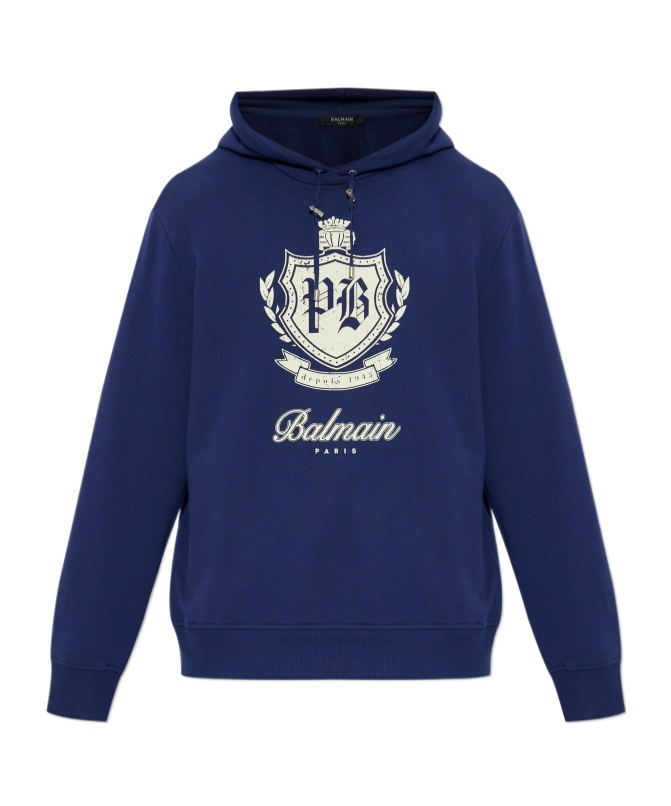 Balmain College Emblem Print Hoodie In Blue