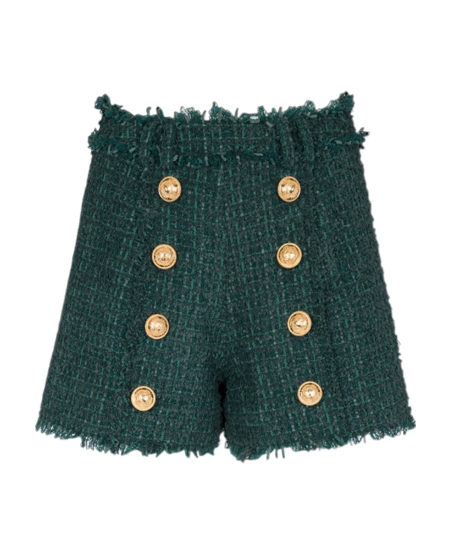 Balmain Frayed Button-embellished Bouclé Shorts In Green