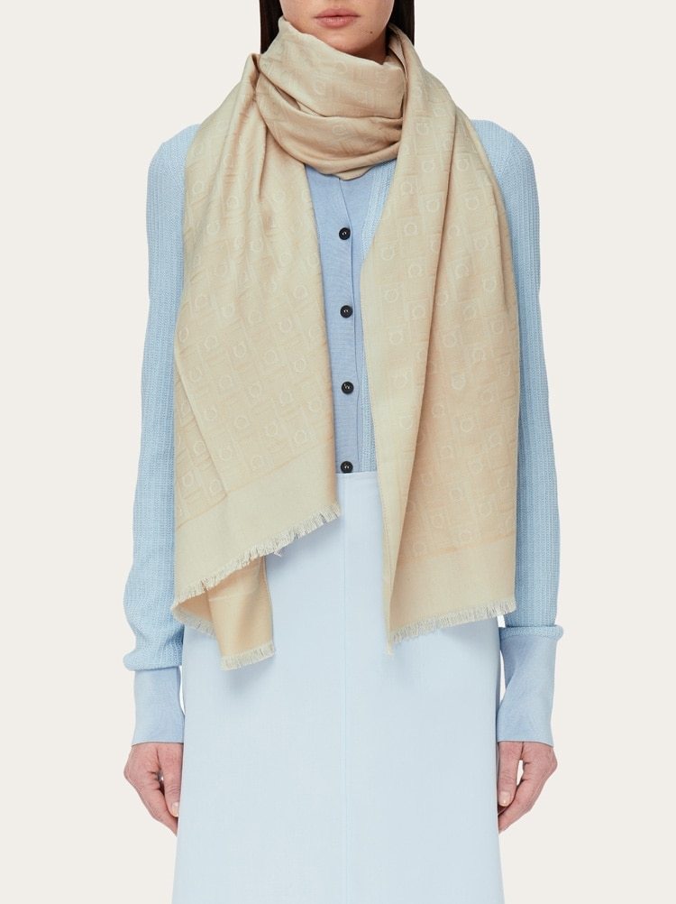 Ferragamo Salvatore  Monogram Jacquard Frayed Scarf In Nude