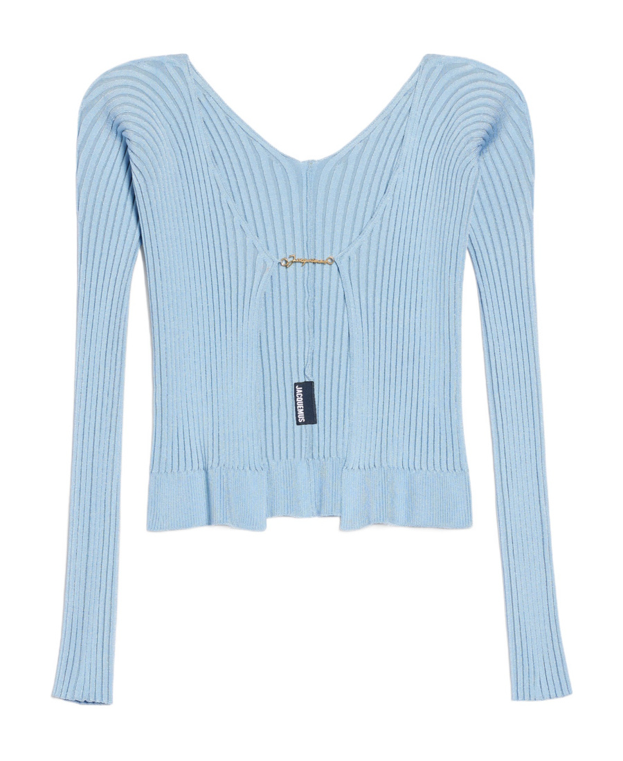 Jacquemus Logo Plaque Knitted Cardigan In Blue