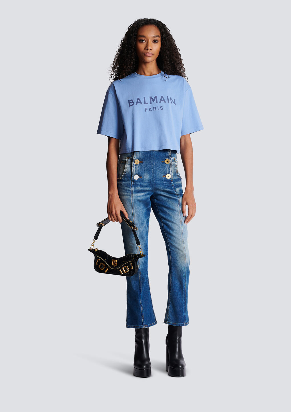 Shop Balmain Cropped Printed Logo T-shirt In Blue