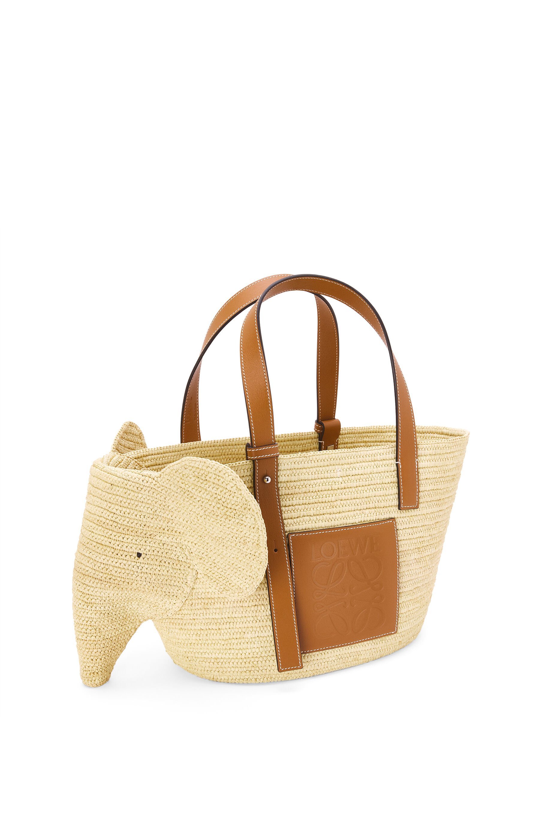 Loewe Elephant Basket Bag In Raffia And Calfskin