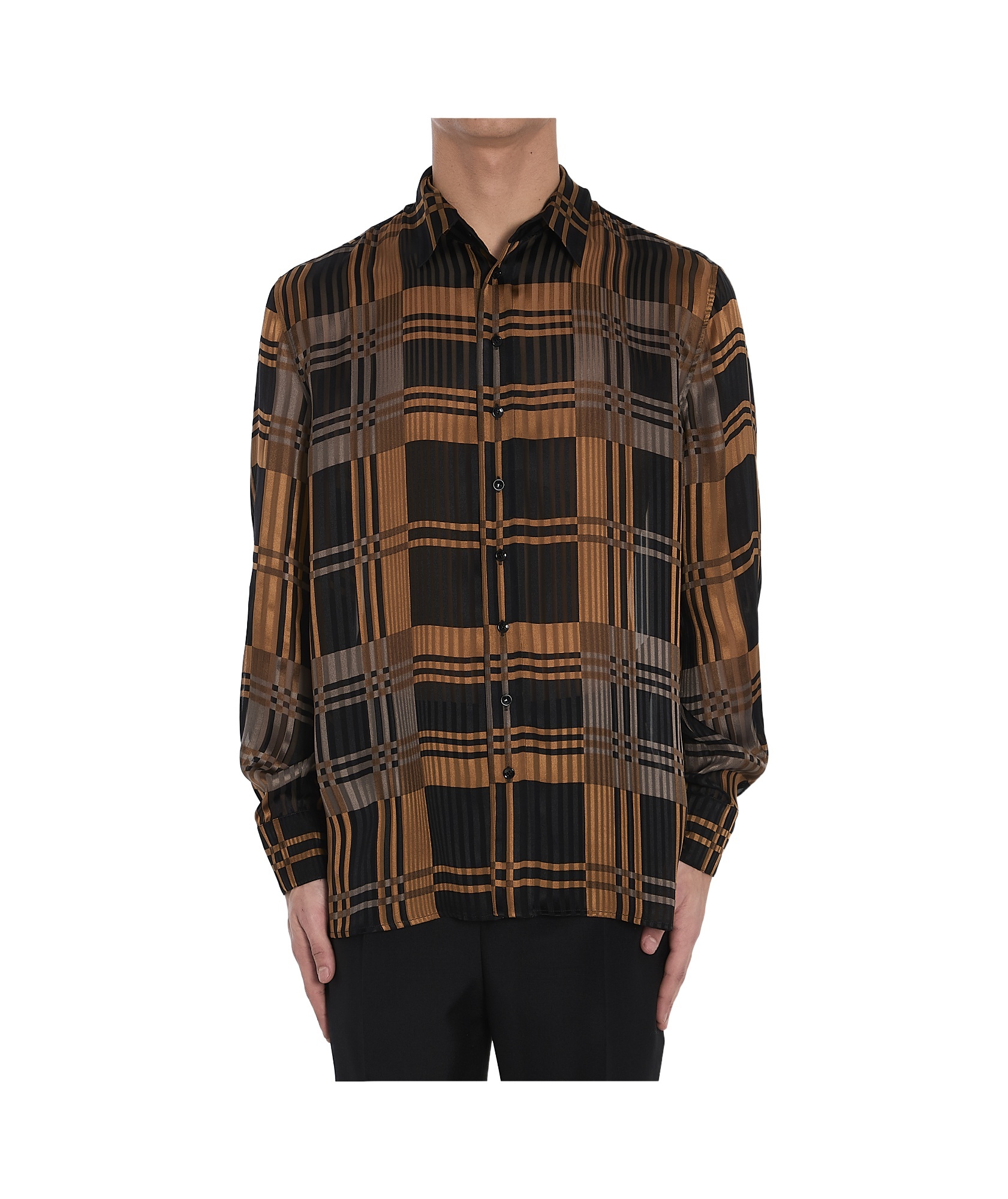 Saint Laurent Silk Shirt With Checked Pattern And Long Sleeves In Black