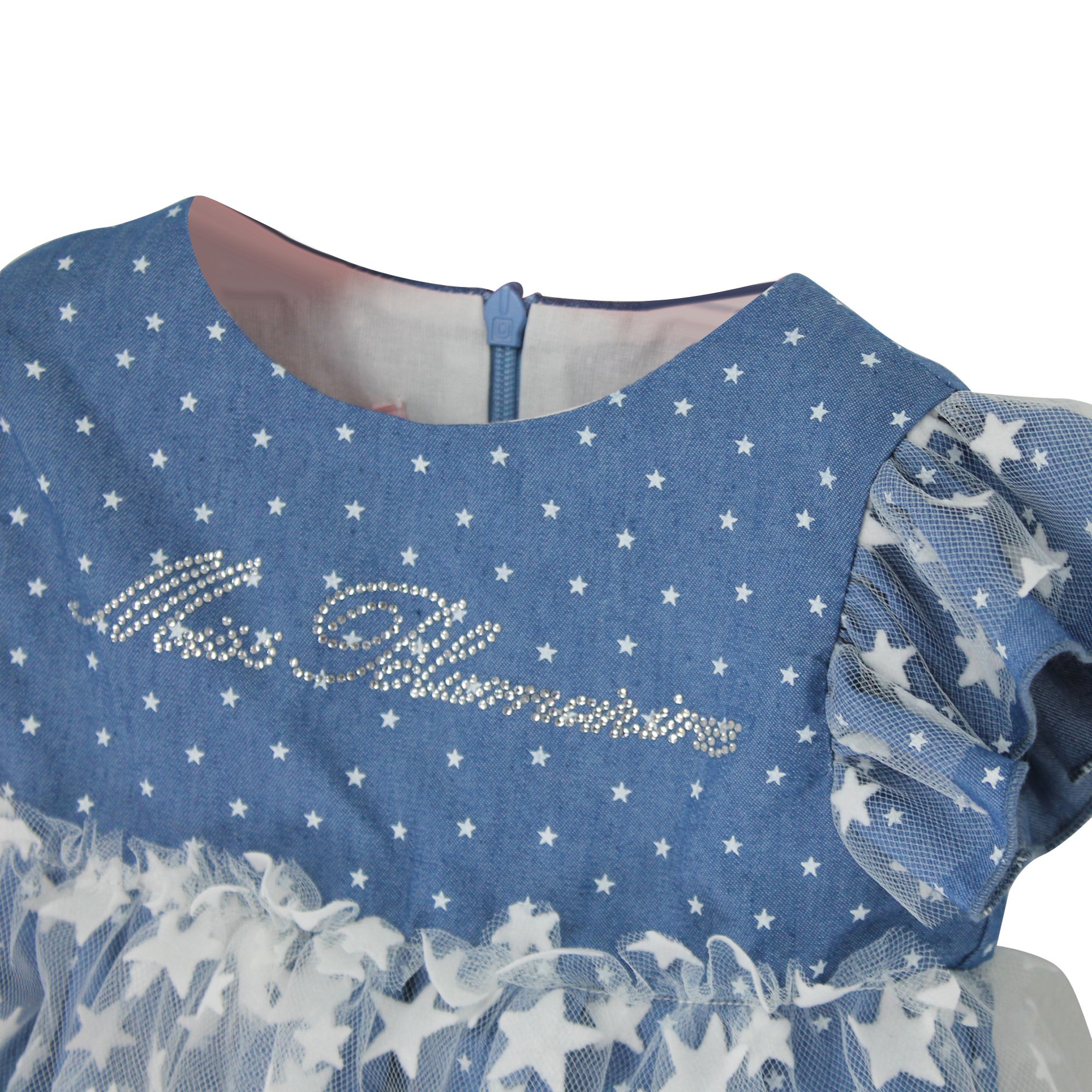 Miss Blumarine Abito Baby Girl Blu In Denim Di Cotone Stampato In Blue