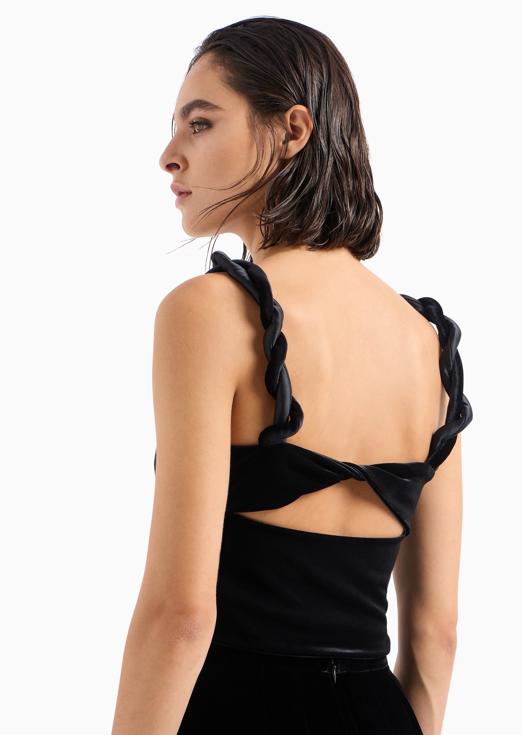 Emporio Armani Twisted-straps Velvet Cropped Top In Black