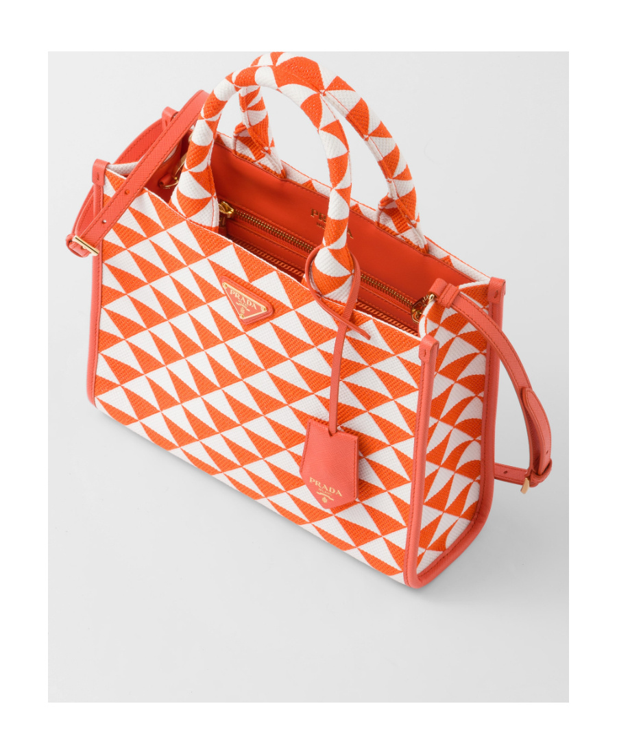 Prada Large Symbole Embroidered Fabric Handbag In Orange/white