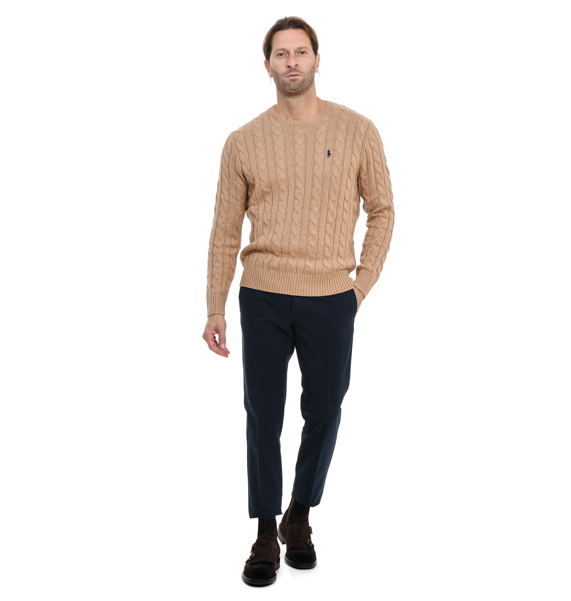 Polo Ralph Lauren Beige Cable Knit Crewneck Sweater With Pony Embroidery On The Front In Wool And Cashmere Man In Brown