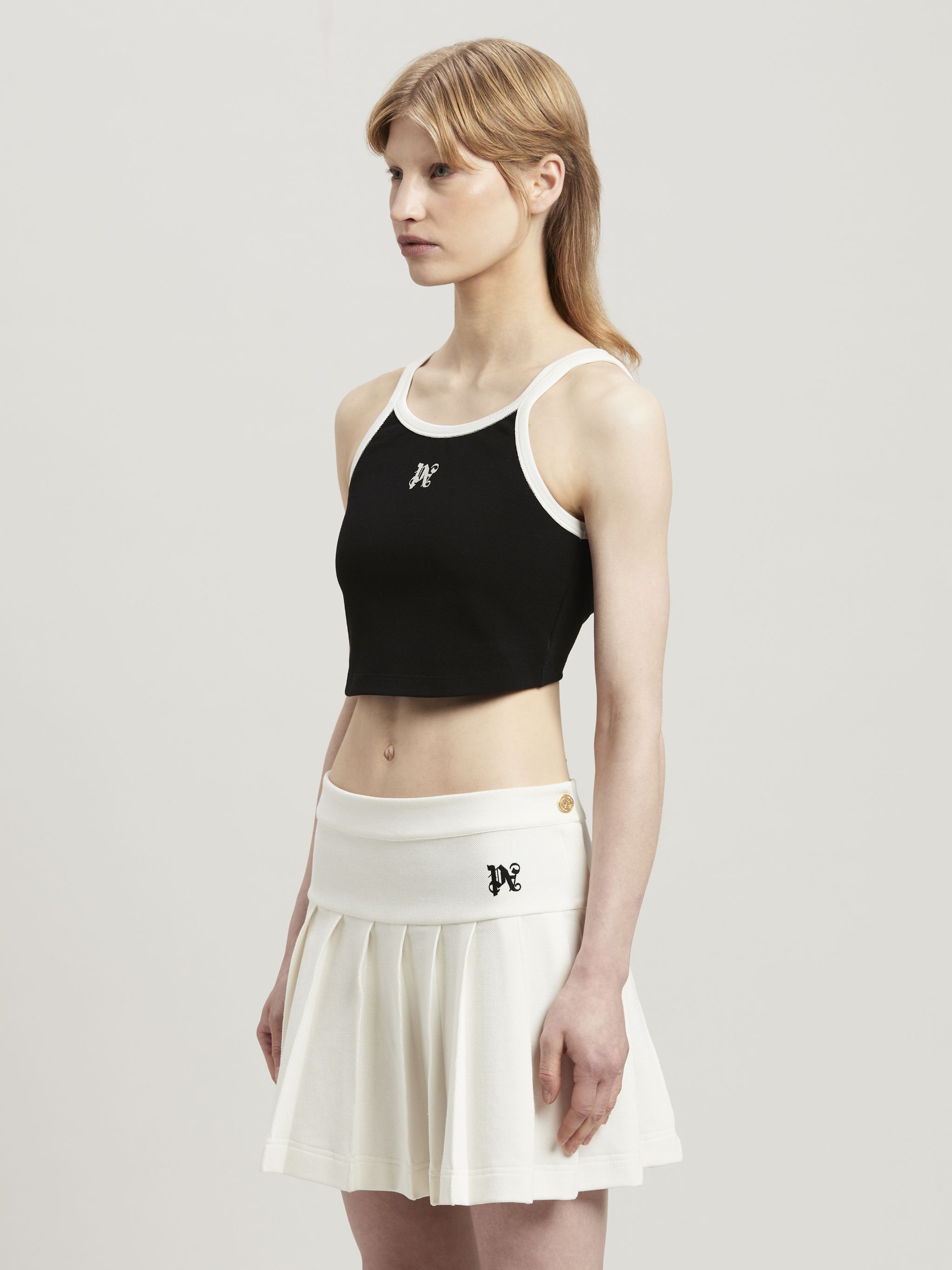 Palm Angels Black Pa Monogram Cropped Tank Top In Black