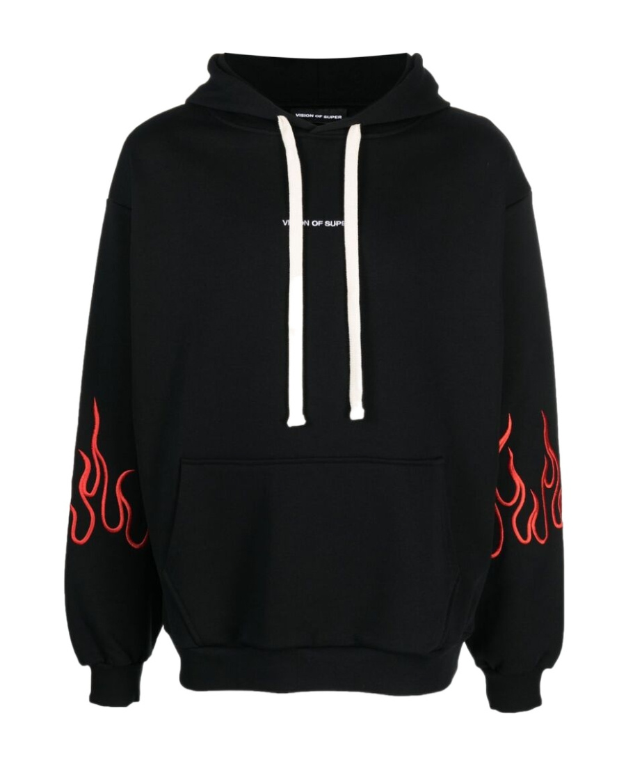 Vision Of Super Men's Lightweight Hooded Sweatshirt Embroidery Flames Hoodie Black/red In Black