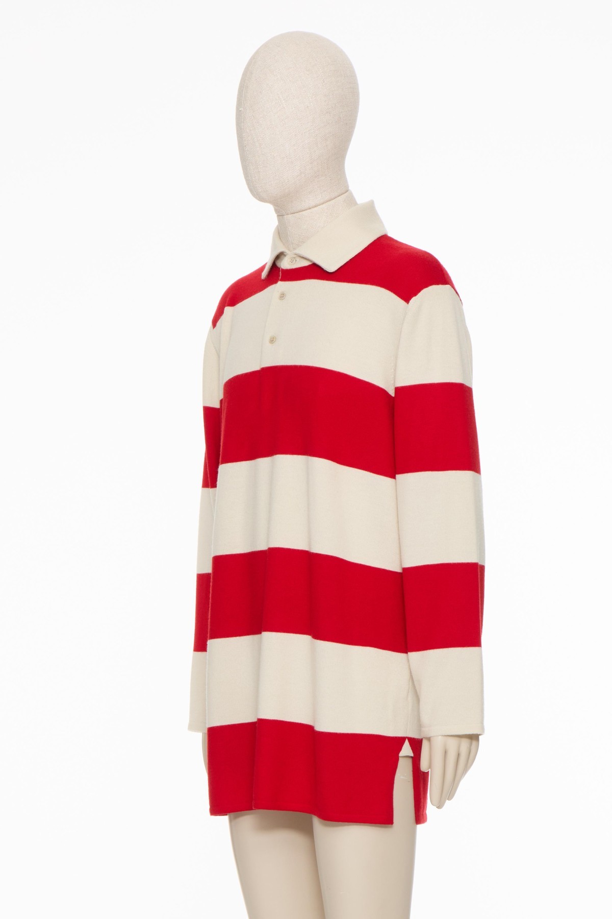 VALENTINO LONG-SLEEVED POLO SHIRT IN STRIPED WOOL WITH CHEZ VALENTINO PRINT 