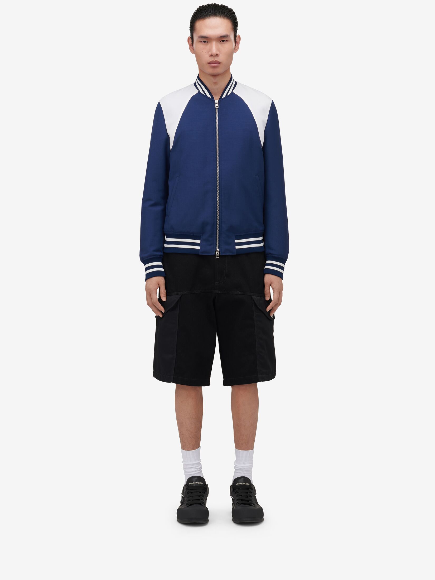 Alexander Mcqueen Panelled Wool And Mohair-blend Bomber Jacket In Blue