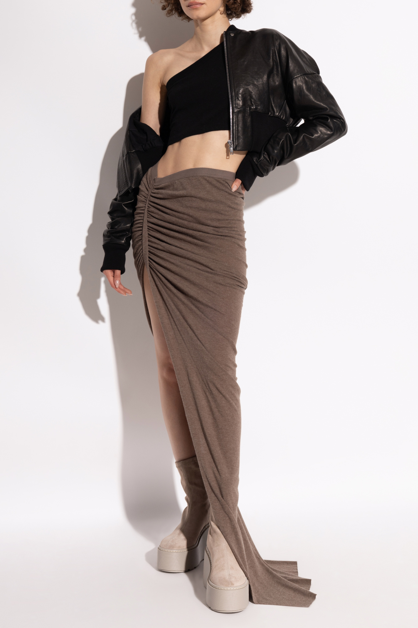 Rick Owens Edfu Draped Ruched Asymmetric Skirt In Brown
