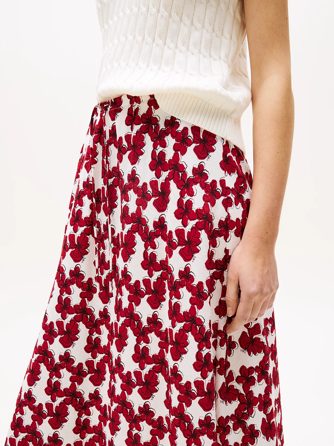Tommy Hilfiger Textured Drawstring Straight Midi Skirt In Red