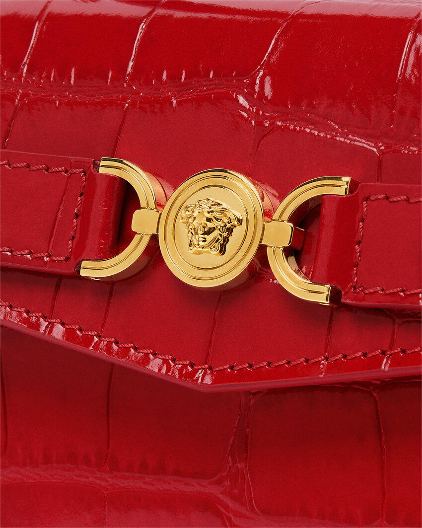 Versace Small Crocodile-embossed Top-handle Bag In Red